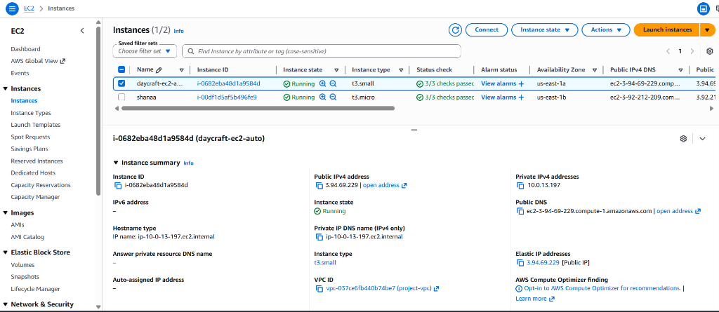 AWS EC2 Instances — Running t3.small and t3.micro instances with security checks passed