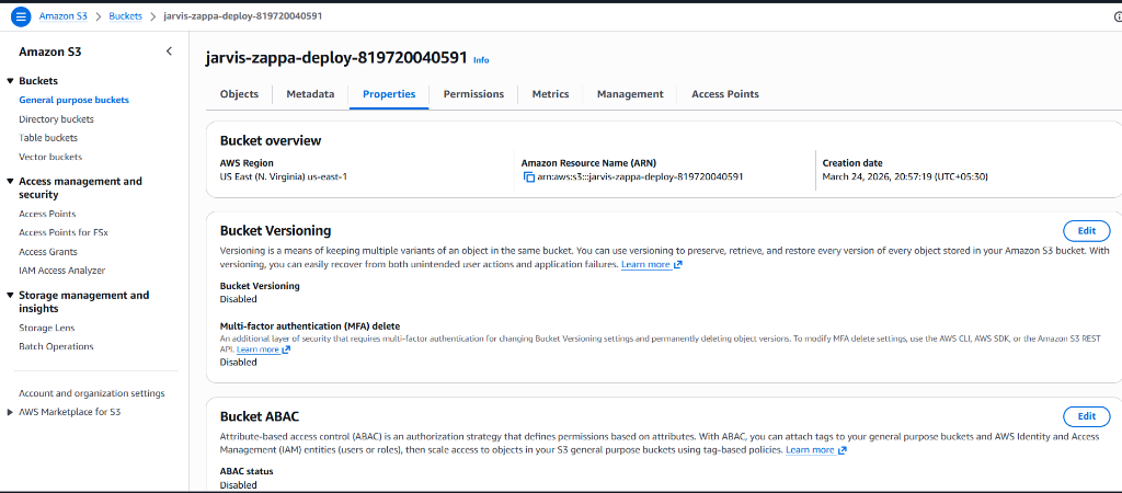 AWS S3 Properties — Bucket versioning and ARN details for jarvis-zappa-deploy